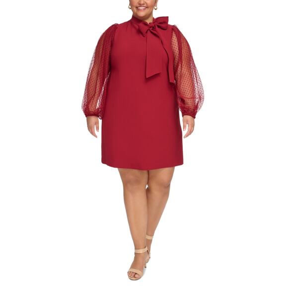 Vince Camuto Long Sleeve Mini Shift High Tie Neck Size 14W Bordeaux Red Holiday - Picture 12 of 13